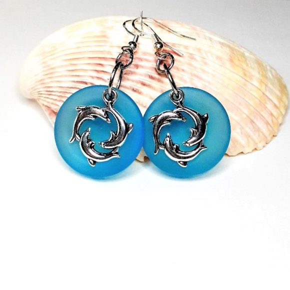 Blue Sea Glass Dolphin Earrings - Picture 1 of 3